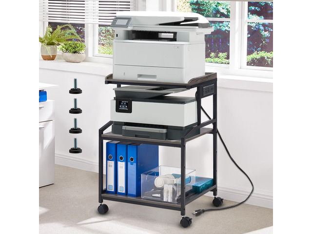 Lauren & Harold 34'' Printer Stand with Power Outlets & USB Ports Grey/Black 3-Tier Adjustable Rolling Cart, Heavy Duty 150LBS Storage Table with...