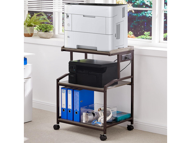 Lauren & Harold 34'' Printer Stand with Power Outlets & USB Ports Grey/Bronze 3-Tier Adjustable Rolling Cart, Heavy Duty 150LBS Storage Table with...