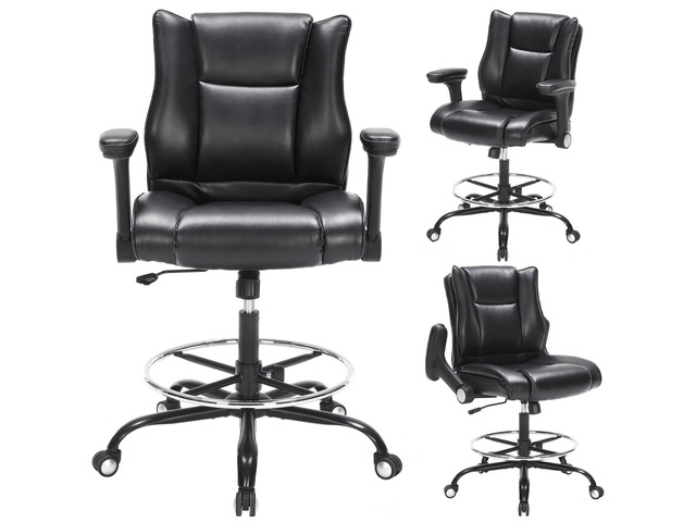 Office Drafting Chair, Tall Desk Chair with Adjustable Armrests and Footrest Ring PU Leather Standing Desk Chair with Extra Thicken Seat Cushion,...