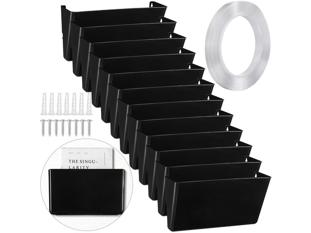12 Pcs Plastic Single Pocket Wall Mount File Holder with Double Sided Adhesive Tape and Screws Wall File Hanging Folder Letter Paper Mail Organizer...