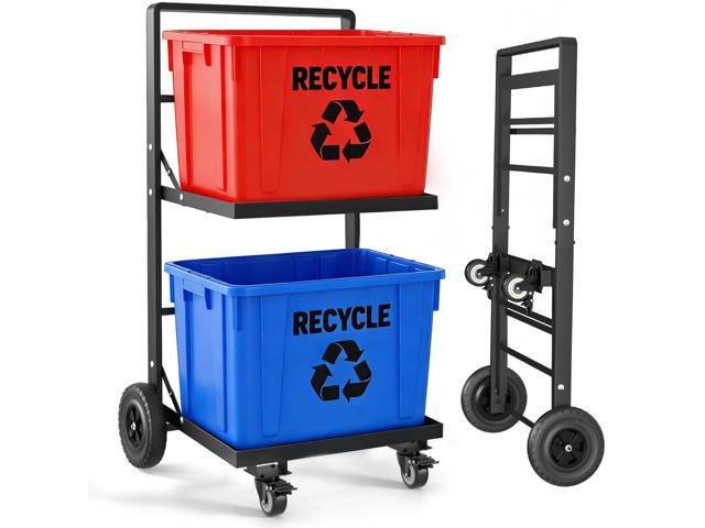 2-Tier Foldable Recycle Bin Cart, Heavy Duty Trash Can Dolly with All-Terrain Wheels & Lockable Casters, 140LBS Capacity Garbage Bin Trolley for...