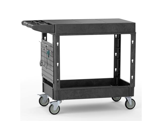 Heavy Duty Utility Service Tool Cart, 39 x 17 in, 2 Shelf Flat Top Rolling Cart with Hanging Board, 550LBS, Swivel Wheels, Ergonomic Handle for.