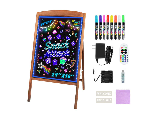 LED Message Writing Board 24'x16', Standing A-Frame Wooden LED Message Board Illuminated Erasable Neon Menu Sign, 8 Colors Markers & 16 Lighting...