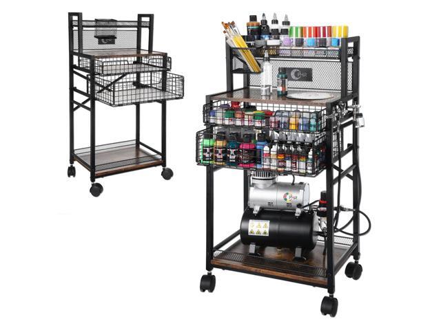 5 Tiers Airbrush Paint Storage Art Cart for Air Compressor & Paint Metal Rolling Craft Cart with 360° Lockable Wheels, 2 Drawers, 2 Airbrush.