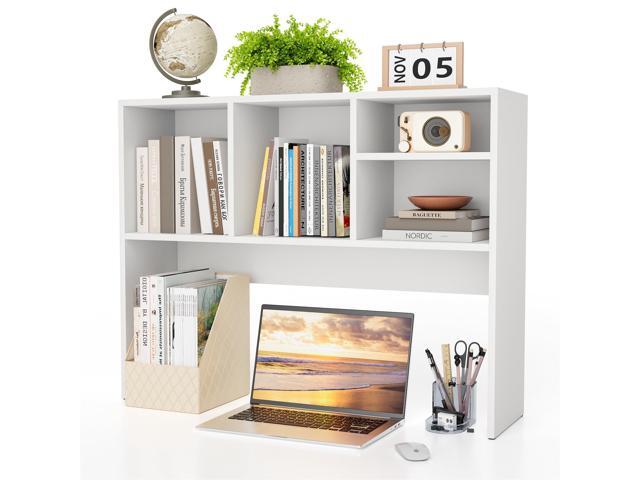 2-Tier Desktop Bookshelf Hutch, Wood Countertop Storage Organizer with 4 Storage Compartments for Computer Desk, Multipurpose Tabletop Display Rack...
