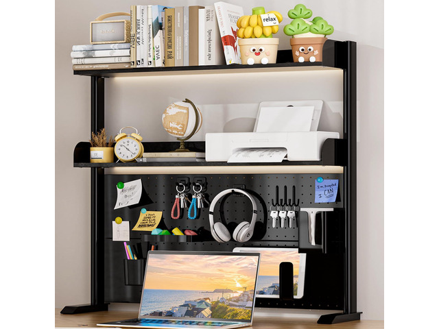 Adjustable Desktop Hutch Bookshelf with Pegboard, 38.9' Wide 2 Tier Wood Desk Organizer with Thickened Metal Frame, Countertop Storage for Home...
