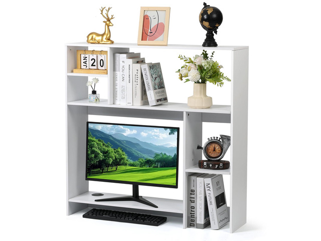 Modern Wooden Desktop Bookshelf Hutch, White Desk Organizer with 7 Shelves for Computer Desk, Vertical Storage for Small Desks, Home Office, Dorm