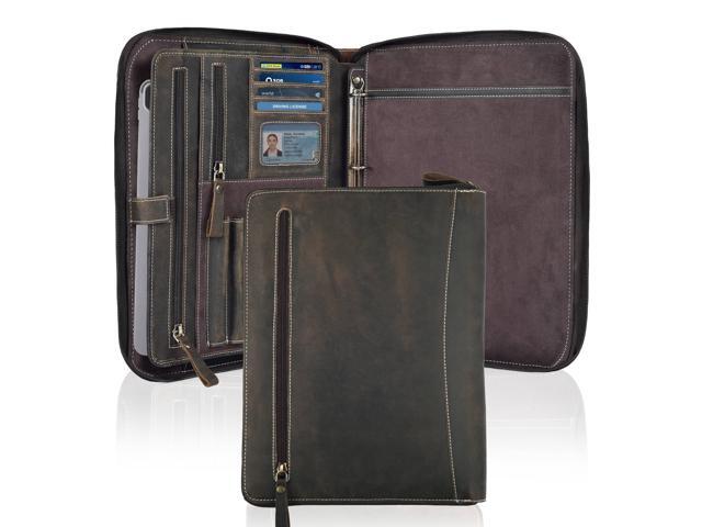 Genuine Leather Zipper Portfolio Organizer - Professional Business 4 Ring Binder Padfolio Binder for Documents, Cards, iPad, Tablet, Phone, Resume...