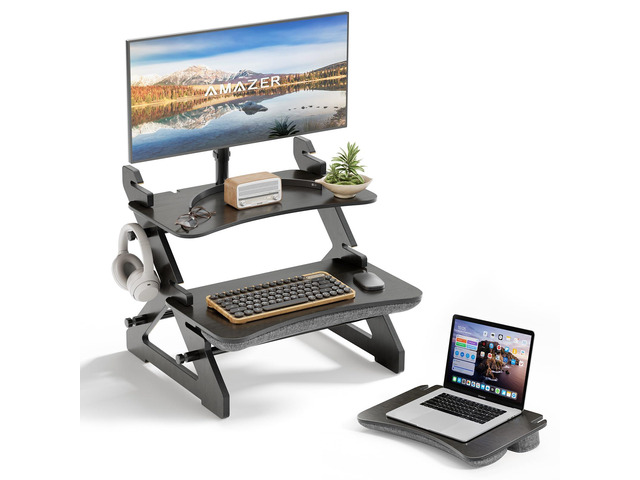 Standing Desk Converter, 22 inch Bamboo Small Sit Stand Up Desk Riser with Lap Desk Computer Desktop Desk Converter for Monitor and Laptop with...