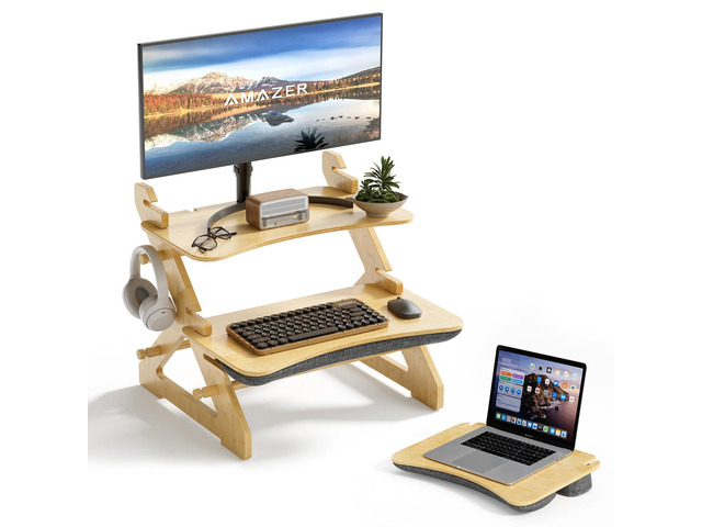 Standing Desk Converter, 22 inch Bamboo Small Sit Stand Up Desk Riser with Lap Desk Computer Desktop Desk Converter for Monitor and Laptop with...