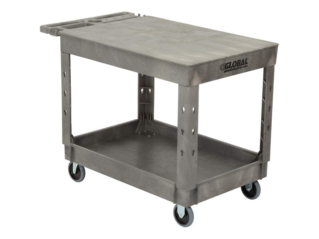 Flat Top Utility Cart with 2 Shelves & Storage Handle, Plastic Construction, 500 Lbs Overall Capacity, 44' L x 25-1/2'W x 32-1/2'H, Gray
