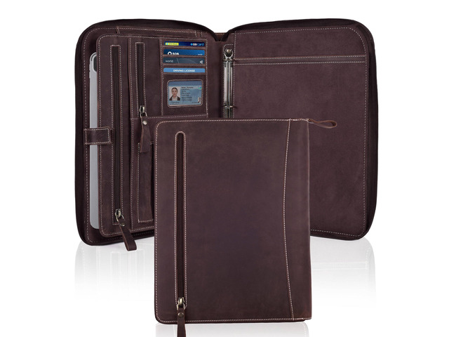 Genuine Leather Zipper Portfolio Organizer - Professional Business 4 Ring Binder Padfolio Binder for Documents, Cards, iPad, Phone, Resume Folder,...