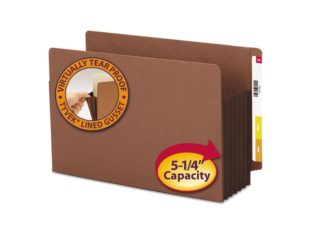 End Tab Pocket, Reinforced Straight-Cut Tab, 5-1/4' Expansion, Extra Wide Legal Size, Redrope with Dark Brown Gusset, 10 per Box (74691)
