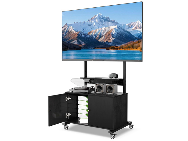 Rolling TV Stand with TV Mount,TV Floor Stand with Storage Cabinet for 32-75in Screen,Mobile TV Stand on Wheels with Foldable Table,Height...