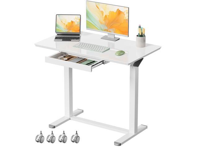 Glass Standing Desk with Drawers, 35inch Small Mobile Laptop Desk, Height Adjustable Rolling Sit Stand Desk, White Pneumatic Portable Computer Desk.
