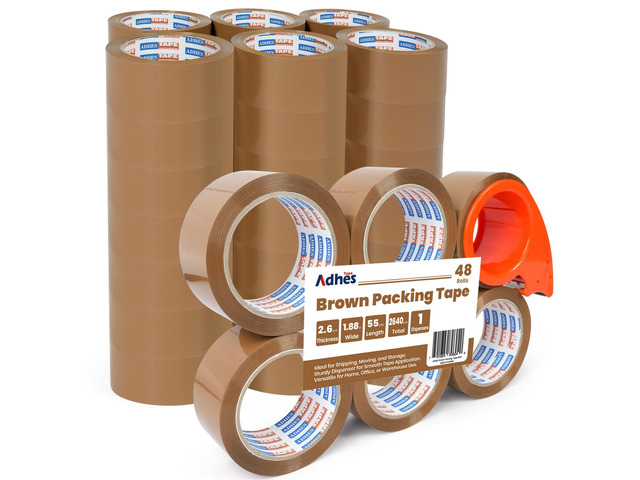 ADHES Brown Packing Tape with Dispenser, 1.88 Inch x 55 Yards, 48 Rolls Heavy Duty Shipping Tape for Moving Boxes, Packaging and Storage, Strong...