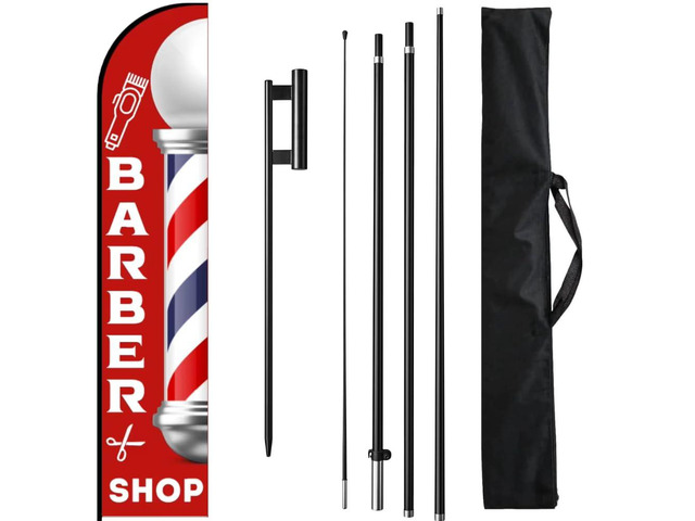 Barber Flag 15ft, Barber Flags for Outside, barbershop Pole Kit, Sign for Salon Business Advertising Outdoor, Eye Catching Open Feather Windless...