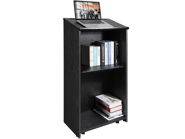 Podium Stand, 47-inch Mobile Lectern with 4 Casters, Wooden Presentation Stand with Shelves, Angled Top, for Church, Office, School, Home Use, Black