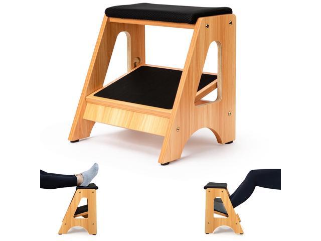 Double Step Footrest, Adjustable Wooden Foot Stool with 3 Height Levels, Cushioned Top & Non-Slip Base, Ergonomic Under Desk Leg Rest for Office Home