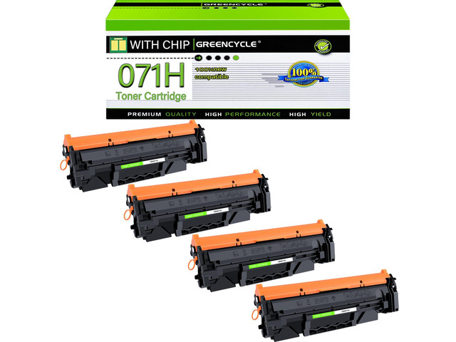 Compatible 071 071H Black Toner Cartridge for Canon with chip, shows ink level. Works with Canon LBP122, LBP120, MF272dw, MF273dw, MF275dw. 4-pack