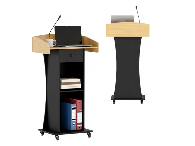 Portable Podium Stand with Metal Wheels, Rolling Podium with Drawer and Adjustable Shelf, Mobile Pulpit for Church, Wooden Lectern for Classroom...