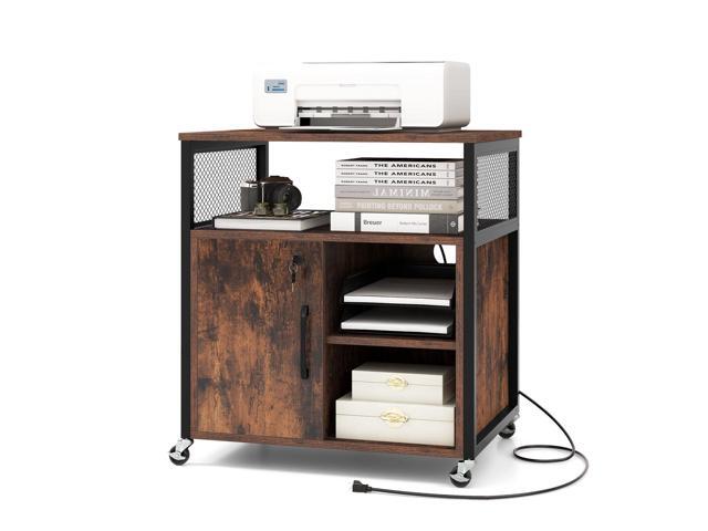 File Cabinet, Lateral Filing Cabinet with Lock, Wheels, Charging Station, Cable Hole, Lockable Side Cabinet, Adjustable Shelves, Metal Frame,.