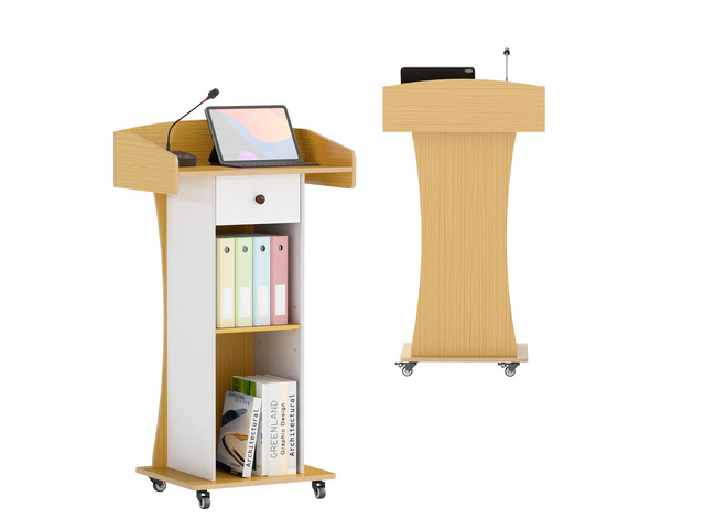 Portable Podium Stand with Metal Wheels, Rolling Podium with Drawer and Adjustable Shelf, Mobile Pulpit for Church, Wooden Lectern for Classroom...