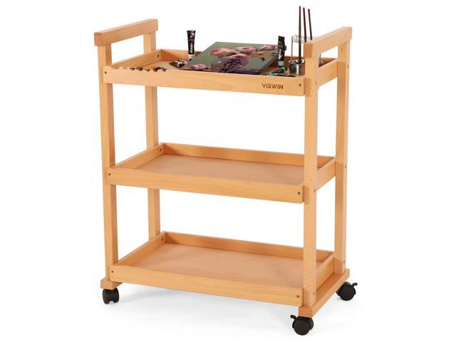 Art Cart Organizer, Solid Beechwood Art Supply Storage Organizer with Caster Wheels, 3-Tier Multifunctional Rolling Utility Storage Cart for.