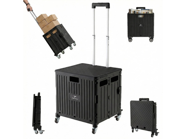 Black Rolling Cart for Teachers Collapsible Cart with Wheels, Foldable Utility and Grocery Cart on Wheels, Office, Travel, Tool Box, and Move Luggage