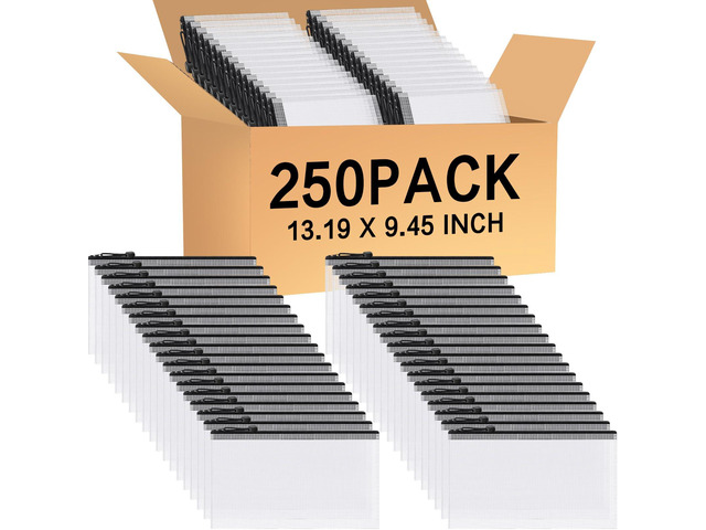 250 Pcs Mesh Zipper Pouch Bags Bulk A4 13.19 x 9.45 Inch Zipper Pouch Waterproof Clear Pencil File Storage Bags Organizer for Teacher School...