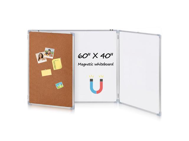 60'x40' Tri-fold Cork Board Whiteboard Combo, Foldable Combination Magnetic Dry Erase Bulletin Board & Corkboard with Aluminum Frame Wall Mounted.