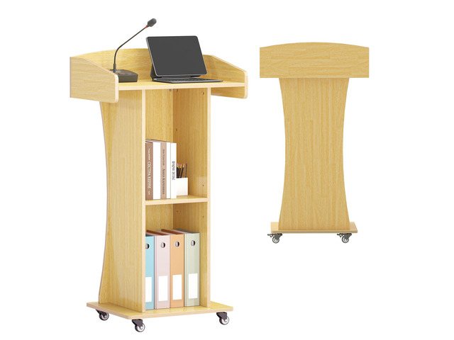 Portable Podium Stand with Metal Wheels, Rolling Podium with Adjustable Shelf, Mobile Pulpit for Church, Wooden Lectern for Classroom Office...