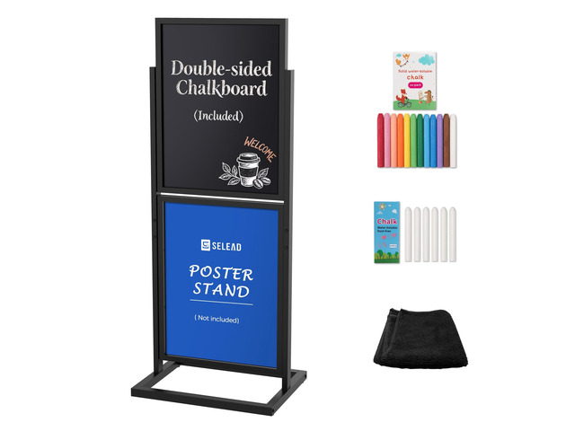 2 Tier Poster Stand with Double Sided Chalkboard - Heavy Duty Metal Frame Slide-in Chalk Board Sign Holder Banner Display Pizarra for Business,...