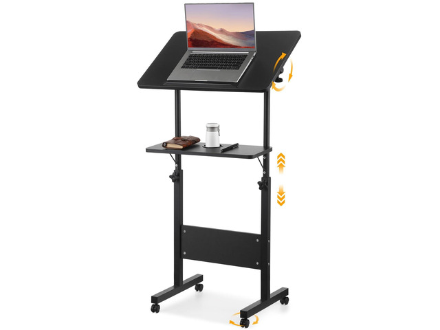 Adjustable Podium Stand, Rolling Podium with Wheels, Rolling Table Laptop Cart with Height, Storage Tray, Cup Holder for Home and Office-Black...