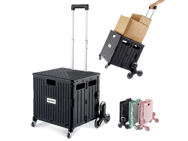 Foldable Utility Cart with Stair Climbing Wheels, Collapsible Rolling Crate with Telescoping Handle, Folding Shopping Trolley Handcart Grocery Book...