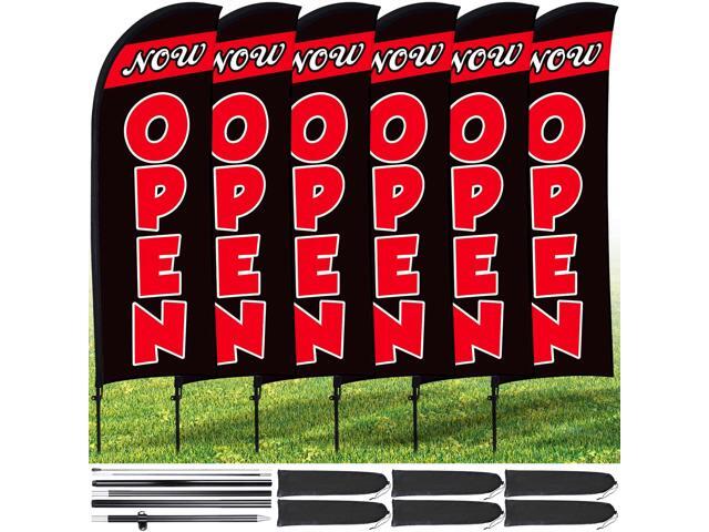 6 Sets Now Open Feather Flag Pole Kit for Business Advertising 7 x 5.4 ft Open Flag Banner Sign with Pole Kit Ground Stake and Portable Bag for...