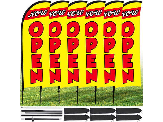 6 Sets Now Open Feather Flag Pole Kit for Business Advertising 7 x 5.4 ft Open Flag Banner Sign with Pole Kit Ground Stake and Portable Bag for...