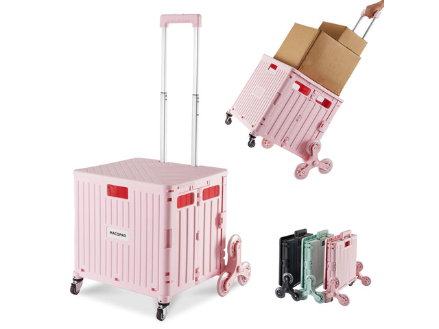 Foldable Utility Cart with Stair Climbing Wheels, Collapsible Rolling Crate with Telescoping Handle, Folding Shopping Trolley Handcart Grocery Book...