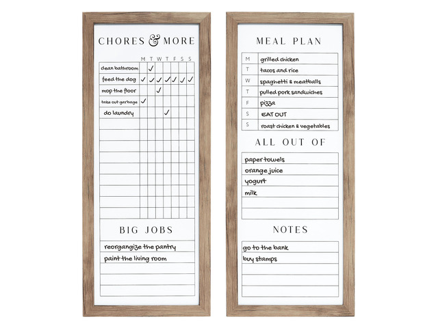 Set of Two Family Planner Dry Erase Boards Featuring, Chore Chart, Shopping List, Weekly Meal Planner and Notes, 9x21 Inch, Natural
