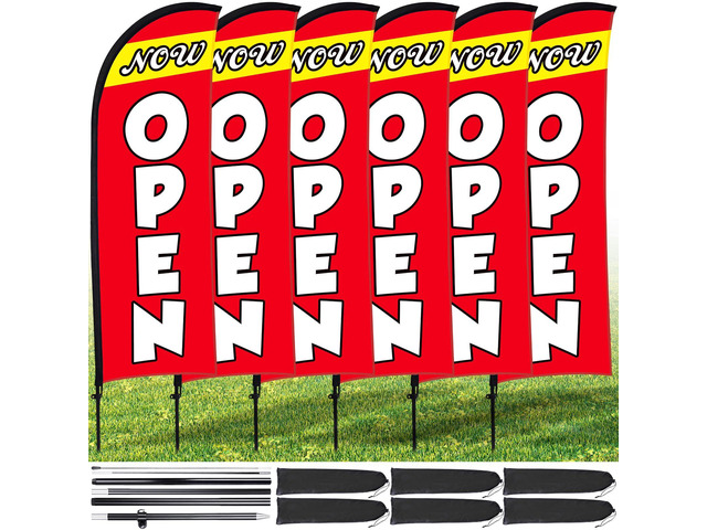 6 Sets Now Open Feather Flag Pole Kit for Business Advertising 7 x 5.4 ft Open Flag Banner Sign with Pole Kit Ground Stake and Portable Bag for...