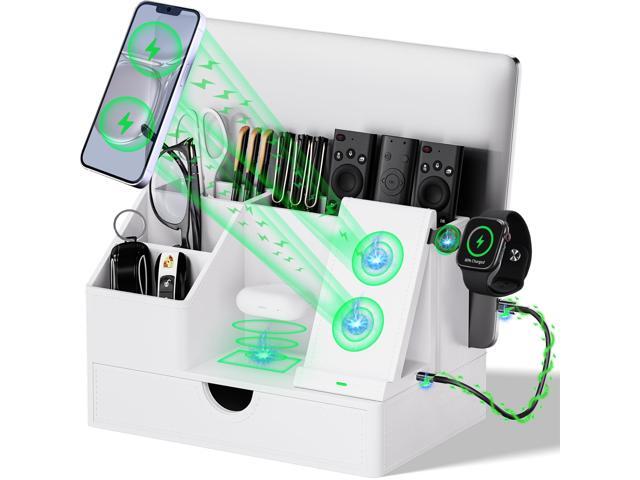 Sleek White PU Leather Charging Station with Drawer - 6-in-1 Multi-Device Desktop Organizer Docking Hub for iPad, Tablet, Laptop, Phone, Watch,...