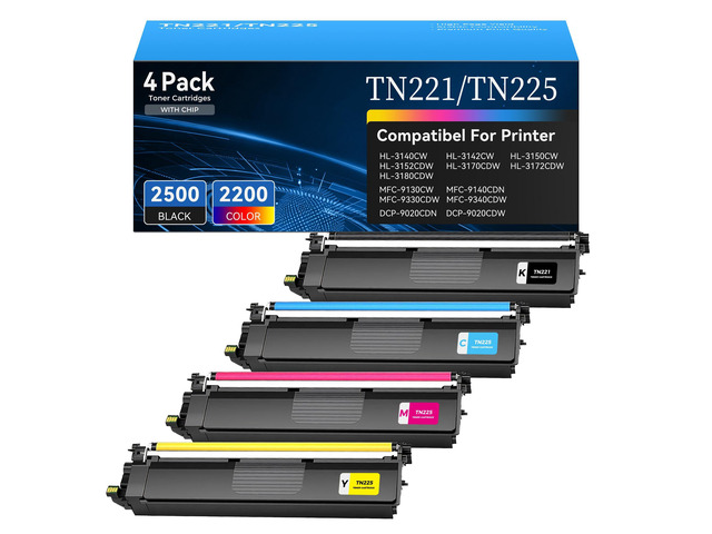 TN221 TN225 High Yield Toner Cartridges 4 Pack for Brother MFC-9130CW with Chip for Brother TN221 TN225 Toner Cartridges Compatible with...