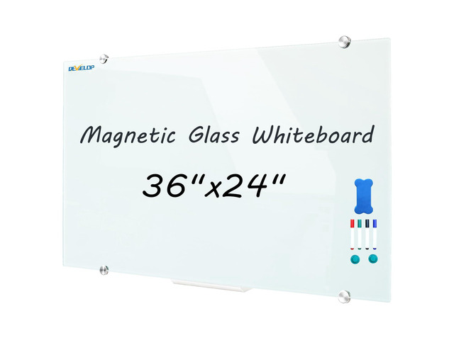 Magnetic Glass Dry Erase Board/Whiteboard, Wall Mounted Glass White Board, Frameless with Aluminum Marker Tray, 36 x 24 Inch (90x60cm), Includes 4...