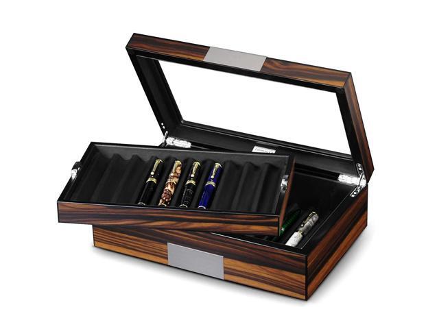 Pen Display Case - Ebony Wood Storage Box with Glass Window, Holds 20 Fountain Pens, Luxury Pen Organizer for Collectors