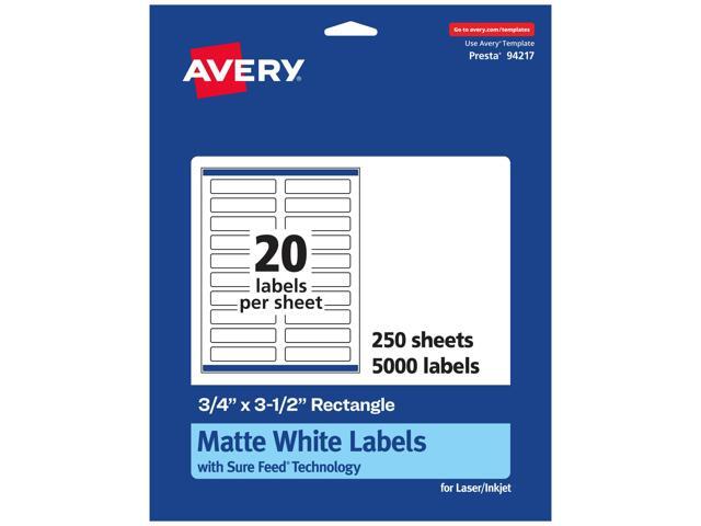 Matte White Rectangle Labels, Sure Feed Technology, 0.75' x 3.5', 5,000 Matte White Printable Labels