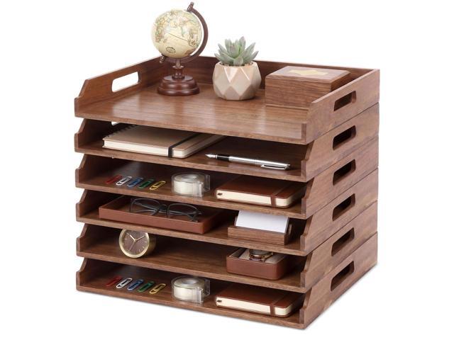 6 Pcs Stackable Paper Tray Acacia Wood Desk Organizer Letter Tray 6 Tier Wooden File Organizer Desk Shelf for Documents, Letter Sorter, Envelopes.