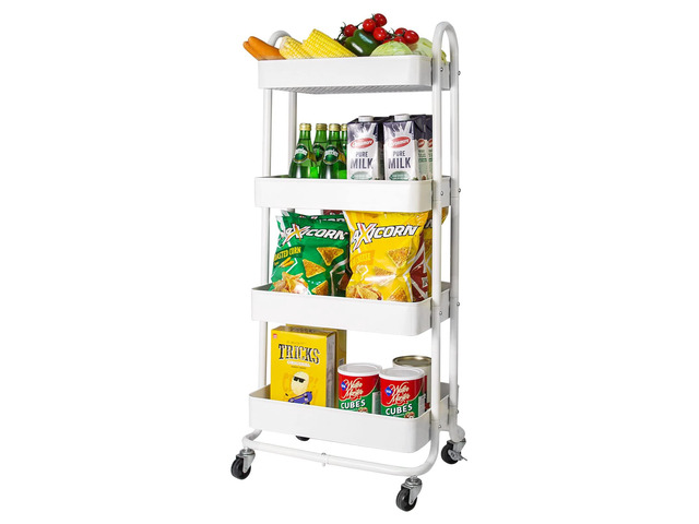 4-Tier Metal Mesh Utility Rolling Cart, Storage Organizer Trolley Services Cart with Lockable Wheels for Kitchen, Bathroom, Living Room (White)