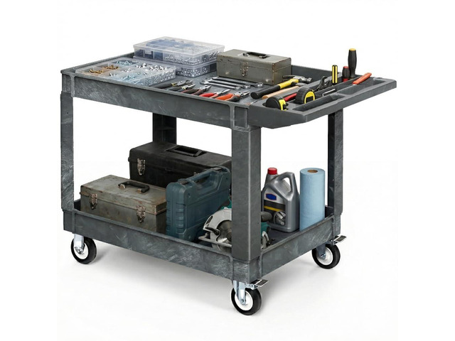 2 Tier Heavy Duty Gray Plastic Cart with Wheels & Brake, 45x25in Utility Service Cart on Wheels, 550 lbs Capacity, 45 x 25in Rolling Work Cart...