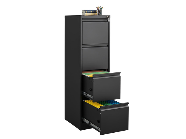 4 Drawer Vertical File Cabinet with Lock, Black Metal Filing Cabinet with Drawers for Home Office, Lockable Storage Cabinet Hanging Letter...