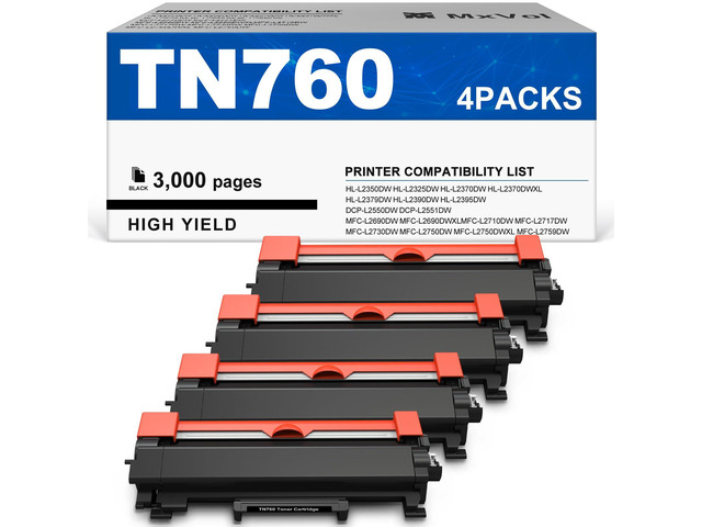 TN760 Toner Replacement for Brother TN760 Toner Cartridge 4-Pack High Yield Compatible with HL-L2350DW HL-L2325DW HL-L2370DW HL-L2390DW...
